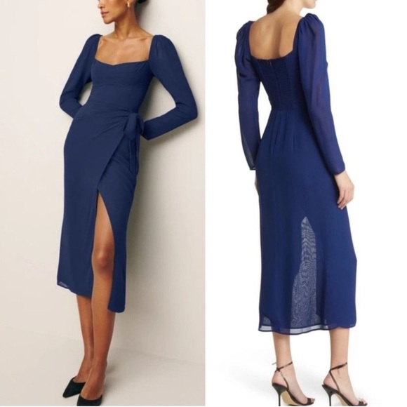 New REFORMATION Navy Blue Theo Wrap Sweetheart Long  Sleeve Midi Dress Size 4 - Picture 1 of 9